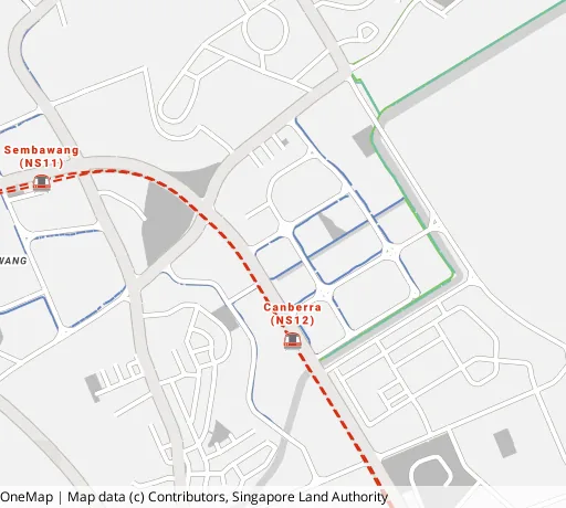 Map of the area around Blk 115B Canberra Walk in Sembawang, showing 400 m and 1 km rings and 1 primary school within 1 km