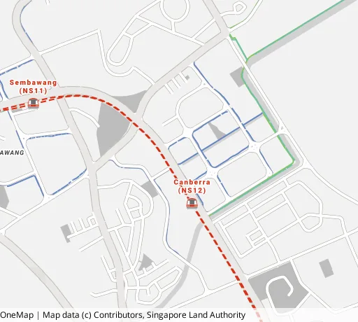 Map of the area around Blk 115D Canberra Walk in Sembawang, showing 400 m and 1 km rings and 1 primary school within 1 km
