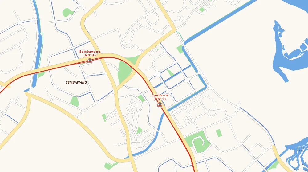 Map of the area around Blk 115D Canberra Walk in Sembawang, showing 400 m and 1 km rings and 1 primary school within 1 km