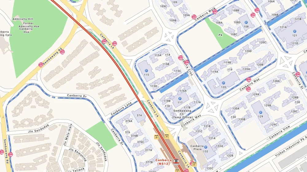 Location map of Blk 115D Canberra Walk, an HDB resale block in Sembawang, Singapore, with the nearest blocks numbered
