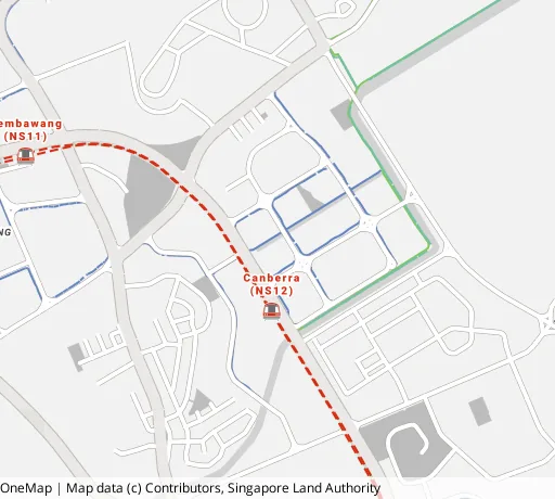 Map of the area around Blk 116A Canberra Cres in Sembawang, showing 400 m and 1 km rings and 1 hawker centre within 1 km