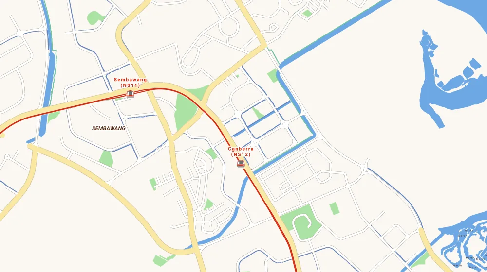 Map of the area around Blk 116A Canberra Cres in Sembawang, showing 400 m and 1 km rings and 1 hawker centre within 1 km
