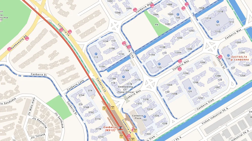 Location map of Blk 116A Canberra Cres, an HDB resale block in Sembawang, Singapore, with the nearest blocks numbered