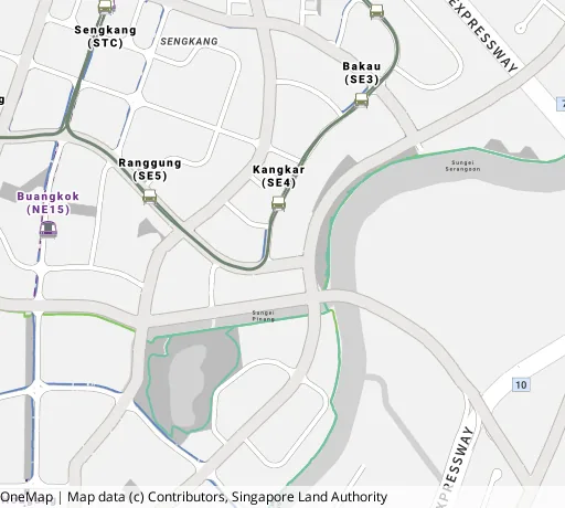 Map of the area around Blk 116B Rivervale Dr in Sengkang, showing 400 m and 1 km rings and 4 primary schools within 1 km