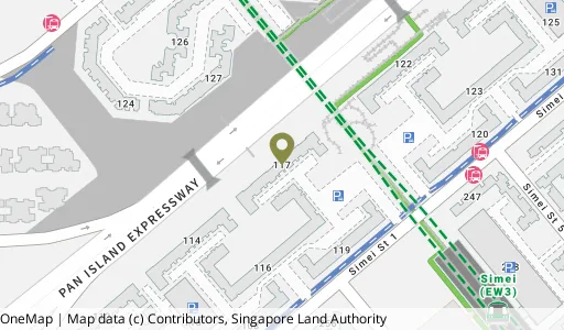 Location map of Blk 117 Simei St 1, a HDB resale block in Tampines, Singapore