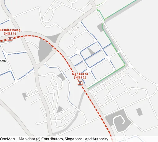 Map of the area around Blk 118A Canberra Cres in Sembawang, showing 400 m and 1 km rings and 1 primary school within 1 km