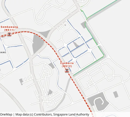 Map of the area around Blk 118B Canberra Cres in Sembawang, showing 400 m and 1 km rings and 1 primary school within 1 km