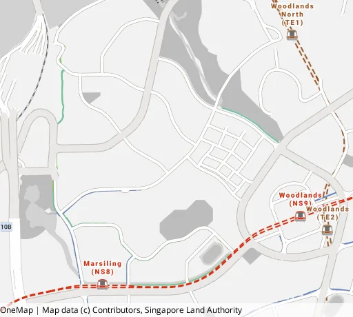 Map of the area around Blk 12 Marsiling Lane in Woodlands, showing 400 m and 1 km rings and 1 primary school within 1 km