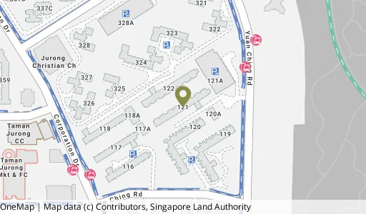 Location map of Blk 121 Yuan Ching Rd, a HDB resale block in Jurong West, Singapore