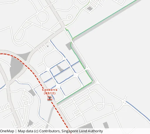 Map of the area around Blk 121A Canberra St in Sembawang, showing 400 m and 1 km rings and 4 parks within 1 km