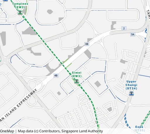 Map of the area around Blk 123 Simei St 1 in Tampines, showing 400 m and 1 km rings and 3 primary schools within 1 km
