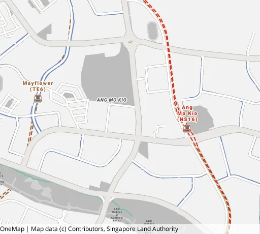 Map of the area around Blk 124 Ang Mo Kio Ave 6 in Ang Mo Kio, showing 400 m and 1 km rings and 4 primary schools within 1 km