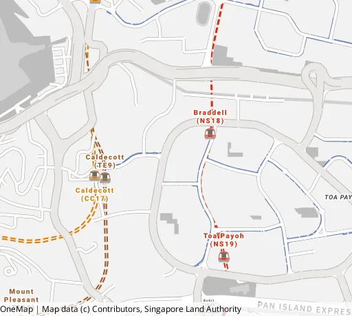 Map of the area around Blk 124 Lor 1 Toa Payoh in Toa Payoh, showing 400 m and 1 km rings and 3 primary schools within 1 km