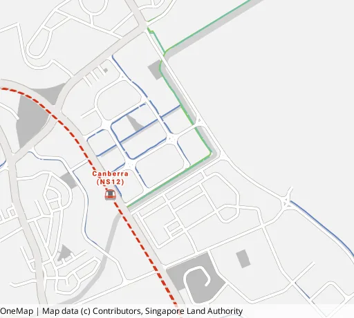 Map of the area around Blk 128B Canberra St in Sembawang, showing 400 m and 1 km rings and 1 primary school within 1 km
