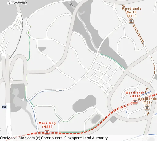 Map of the area around Blk 12A Marsiling Lane in Woodlands, showing 400 m and 1 km rings and 1 primary school within 1 km
