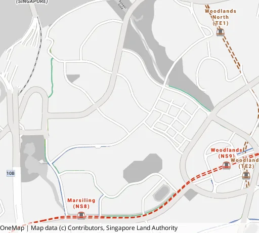 Map of the area around Blk 12B Marsiling Lane in Woodlands, showing 400 m and 1 km rings and 1 primary school within 1 km