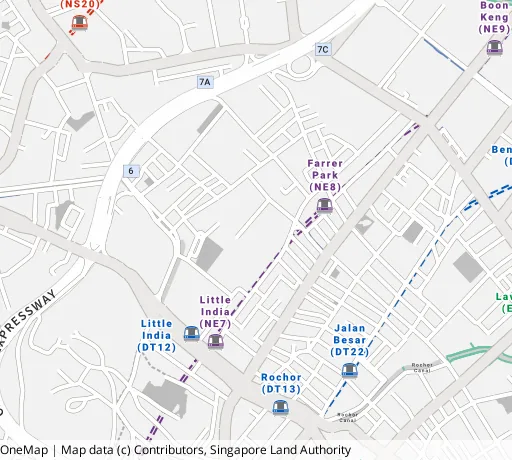 Map of the area around Blk 13 Farrer Pk Rd in Kallang/Whampoa, showing 400 m and 1 km rings and 2 primary schools within 1 km