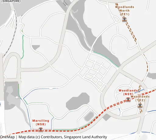 Map of the area around Blk 13 Marsiling Lane in Woodlands, showing 400 m and 1 km rings and 2 hawker centres within 1 km