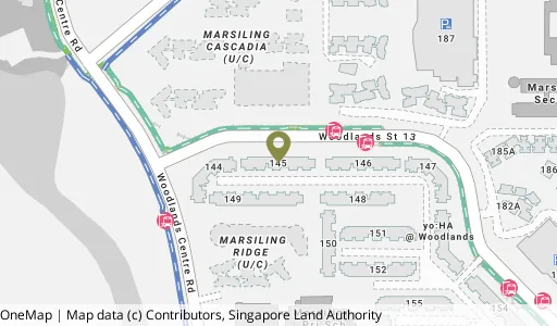 Location map of Blk 145 Woodlands St 13, a HDB resale block in Woodlands, Singapore