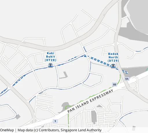 Map of the area around Blk 147 Bedok Reservoir Rd in Bedok, showing 400 m and 1 km rings and 1 primary school within 1 km