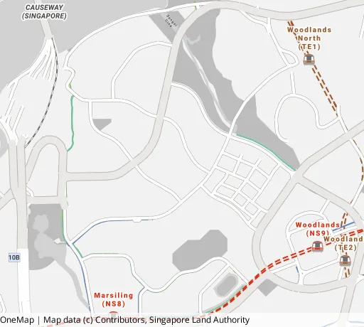 Map of the area around Blk 15 Marsiling Lane in Woodlands, showing 400 m and 1 km rings and 2 hawker centres within 1 km