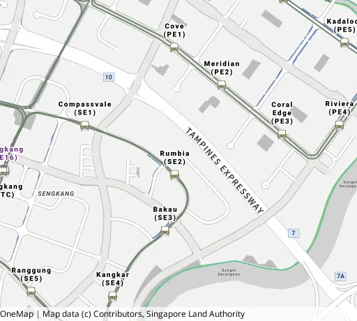 Map of the area around Blk 150 Rivervale Cres in Sengkang, showing 400 m and 1 km rings and 7 primary schools within 1 km