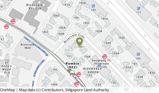 Location map of Blk 150 Rivervale Cres, a HDB resale block in Sengkang, Singapore