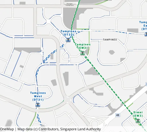 Map of the area around Blk 151 Tampines St 12 in Tampines, showing 400 m and 1 km rings and 6 primary schools within 1 km