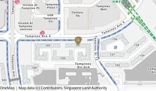 Location map of Blk 151 Tampines St 12, a HDB resale block in Tampines, Singapore