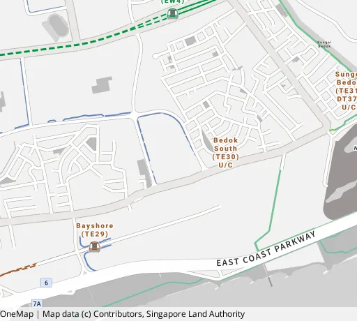 Map of the area around Blk 154A Bedok Sth Rd in Bedok, showing 400 m and 1 km rings and 1 primary school within 1 km