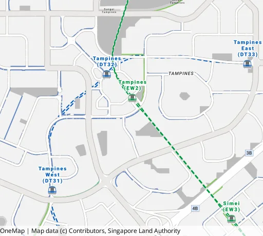 Map of the area around Blk 156 Tampines St 12 in Tampines, showing 400 m and 1 km rings and 6 primary schools within 1 km