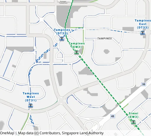 Map of the area around Blk 157 Tampines St 12 in Tampines, showing 400 m and 1 km rings and 6 primary schools within 1 km