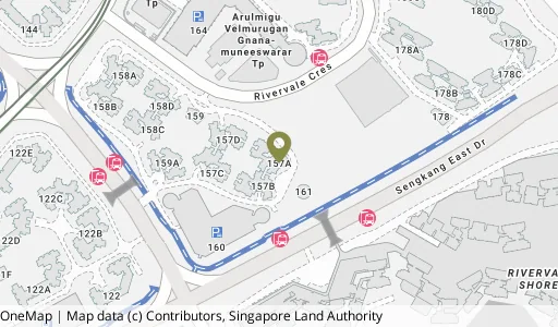 Location map of Blk 157A Rivervale Cres, a HDB resale block in Sengkang, Singapore