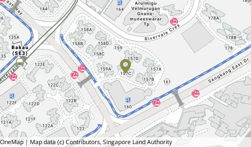 Location map of Blk 157C Rivervale Cres, a HDB resale block in Sengkang, Singapore