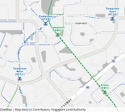 Map of the area around Blk 164 Tampines St 12 in Tampines, showing 400 m and 1 km rings and 5 primary schools within 1 km
