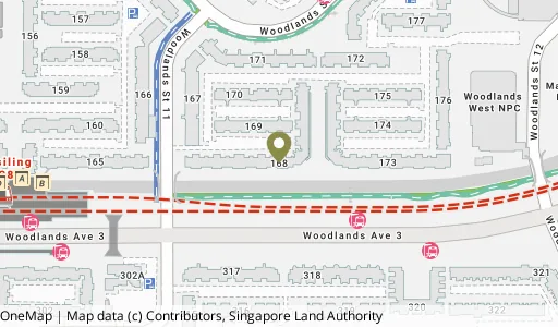 Location map of Blk 168 Woodlands St 11, a HDB resale block in Woodlands, Singapore