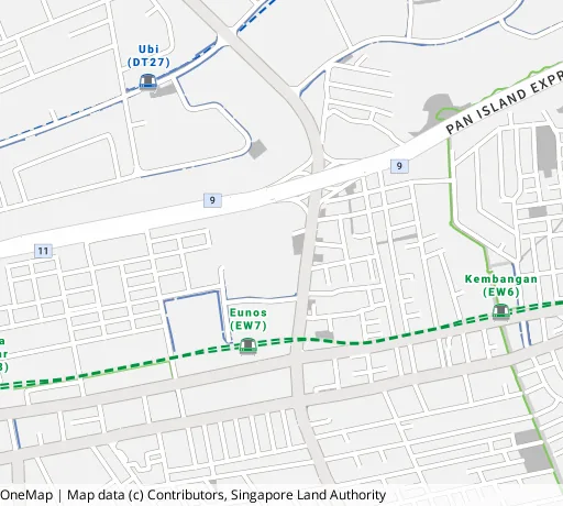 Map of the area around Blk 17 Eunos Cres in Geylang, showing 400 m and 1 km rings and 1 primary school within 1 km