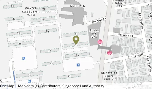 Location map of Blk 17 Eunos Cres, a HDB resale block in Geylang, Singapore