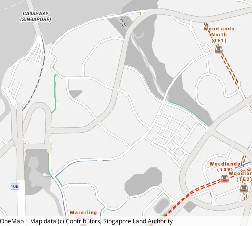 Map of the area around Blk 17 Marsiling Lane in Woodlands, showing 400 m and 1 km rings and 1 hawker centre within 1 km