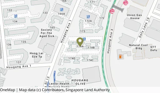 Location map of Blk 174A Hougang Ave 1, a HDB resale block in Hougang, Singapore
