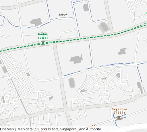 Map of the area around Blk 18 Bedok Sth Rd in Bedok, showing 400 m and 1 km rings and 1 primary school within 1 km