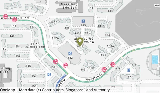 Location map of Blk 182B Woodlands St 13, a HDB resale block in Woodlands, Singapore