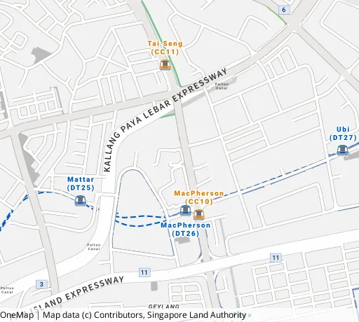 Map of the area around Blk 18D Circuit Rd in Geylang, showing 400 m and 1 km rings and 1 primary school within 1 km