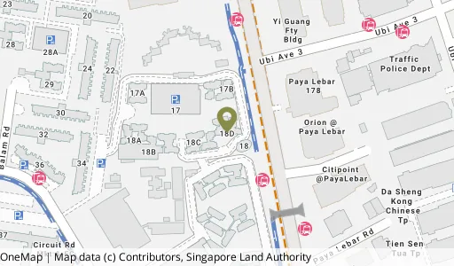 Location map of Blk 18D Circuit Rd, a HDB resale block in Geylang, Singapore