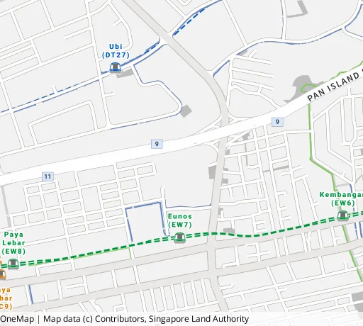 Map of the area around Blk 19 Eunos Cres in Geylang, showing 400 m and 1 km rings and 1 primary school within 1 km