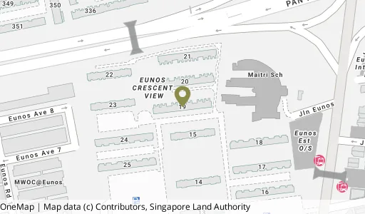 Location map of Blk 19 Eunos Cres, a HDB resale block in Geylang, Singapore