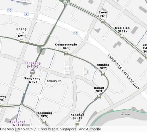 Map of the area around Blk 194 Rivervale Dr in Sengkang, showing 400 m and 1 km rings and 5 primary schools within 1 km