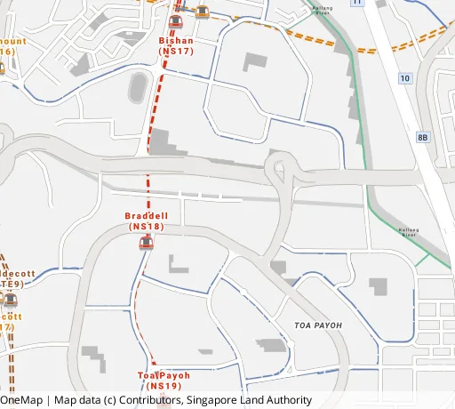 Map of the area around Blk 199 Toa Payoh Nth in Toa Payoh, showing 400 m and 1 km rings and 4 primary schools within 1 km