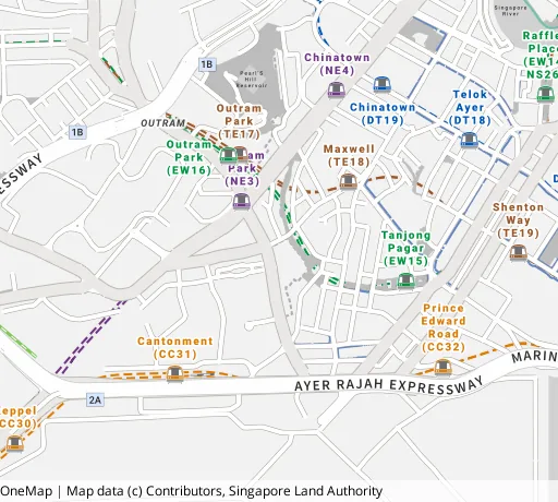 Map of the area around Blk 1A Cantonment Rd in Central Area, showing 400 m and 1 km rings and 1 primary school within 1 km
