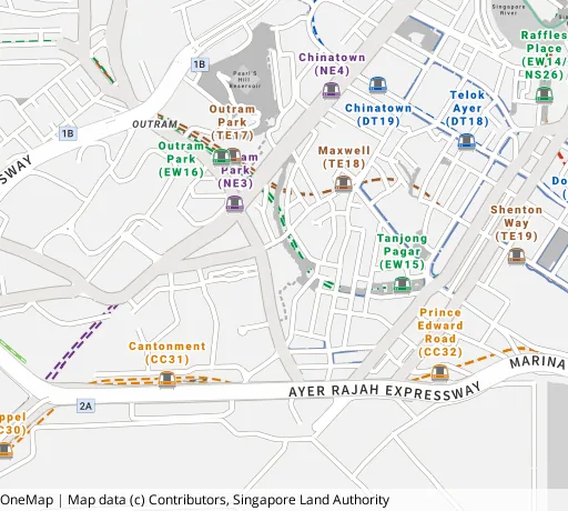 Map of the area around Blk 1B Cantonment Rd in Central Area, showing 400 m and 1 km rings and 1 primary school within 1 km